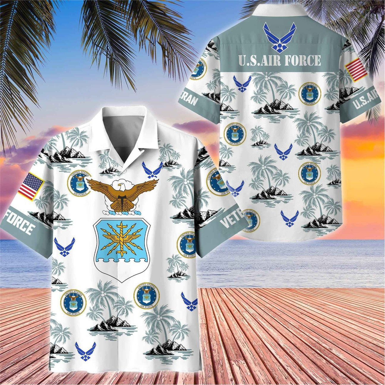 US Air Force White Great Seal Eagle Palm Tree Tropical Island Hawaiian Shirt Gift for Army Mens on Veterans Day