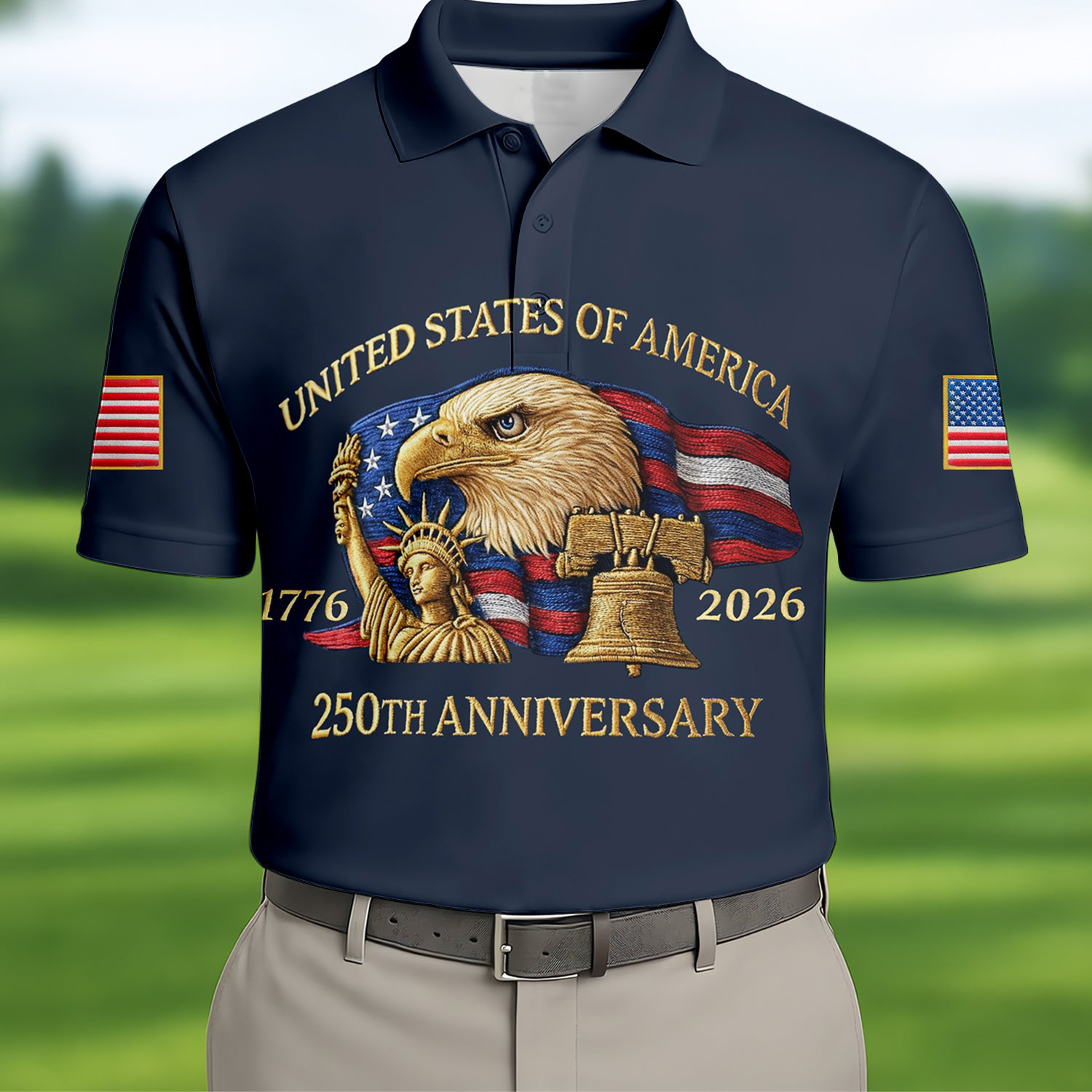 US America 250th Anniversary Golf Shirt Eagle Embroidery Effect Patriot Clothing Gifts For Dad