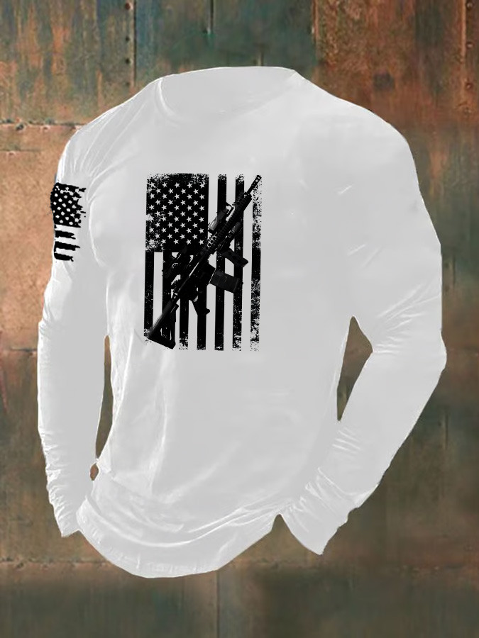 US American Flag And Gun Long Sleeve Shirt AR15 RIfle Flag Veteran Merch Patriots Great Gifts