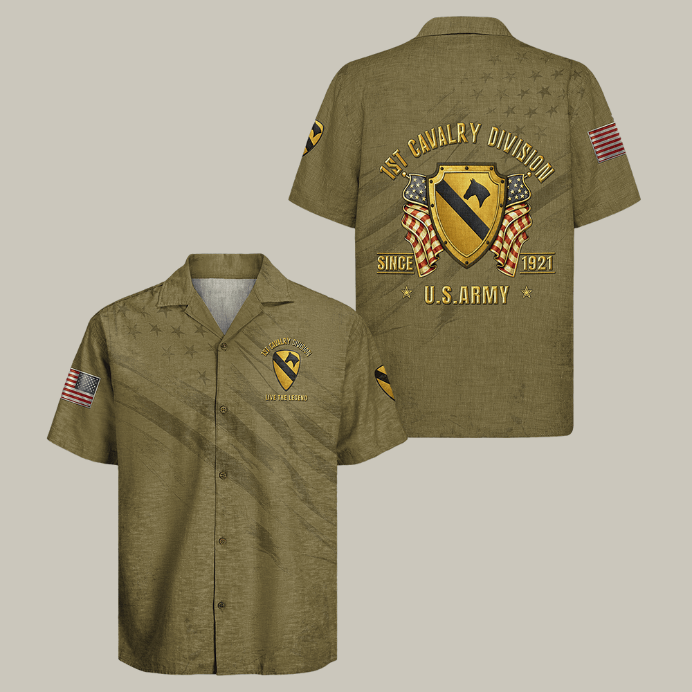 US Army 1st Cavalry Division Hawaiian Shirt The First Team Veteran Performance Shirt