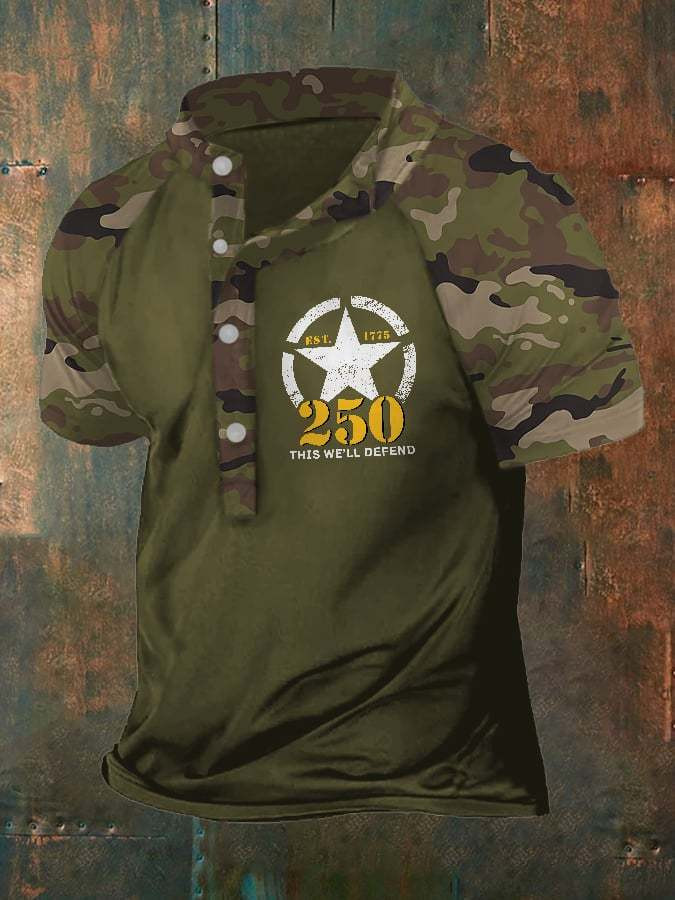 US Army 250th Anniversary This We'll Defend Est 1775 Henley Shirt Patriotic Camouflage Shirt
