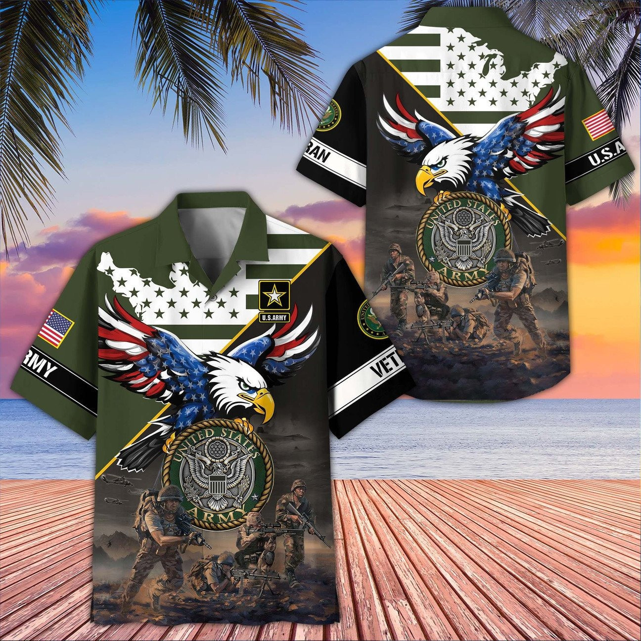 US Army American Eagle Map Soldiers Battle Scene Hawaiian Shirt Military Gift for Army Mens on Veterans Day