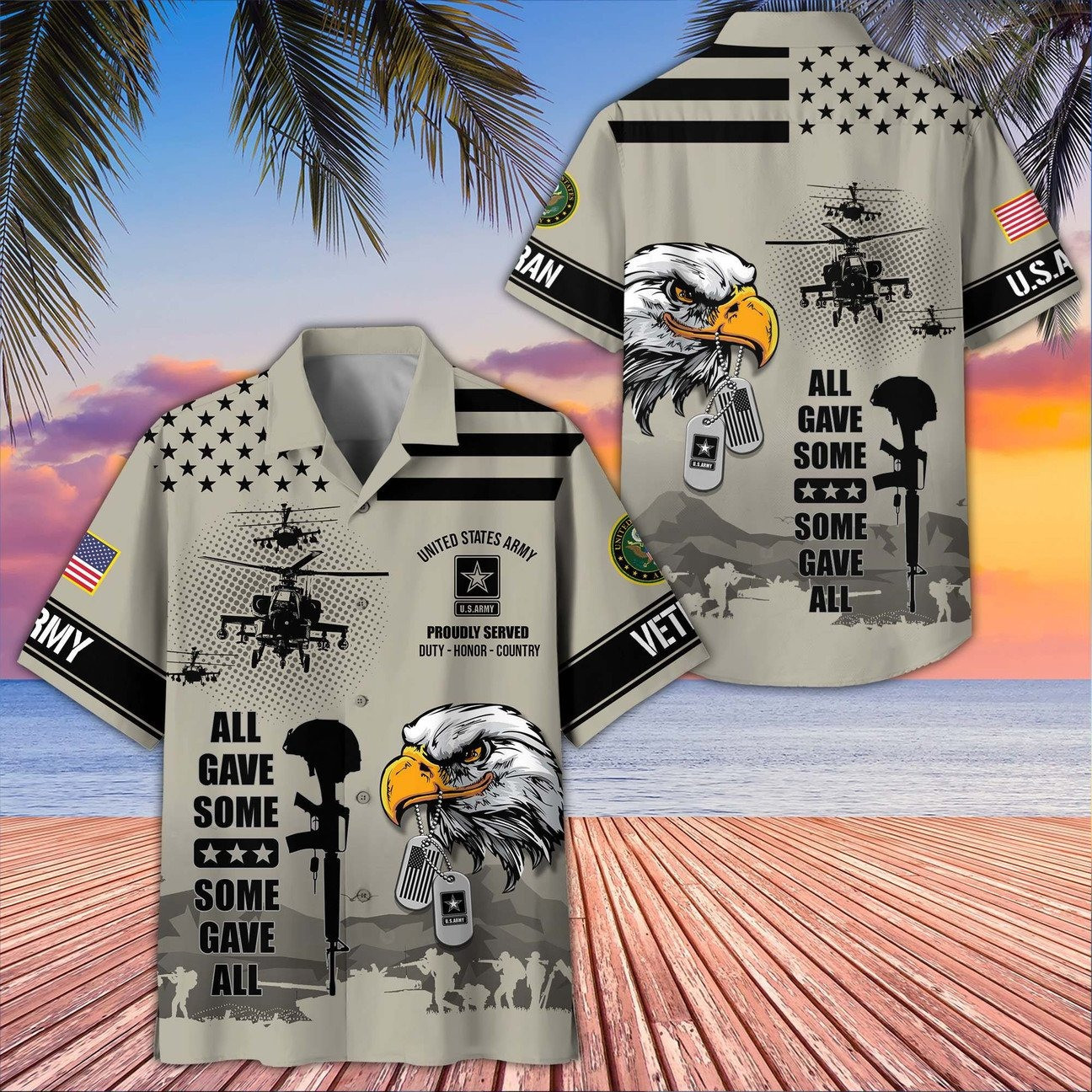 US Army Bald Eagle With Dog Tag and Military Helicopter Hawaiian Shirt Gift for Army Mens on Veterans Day