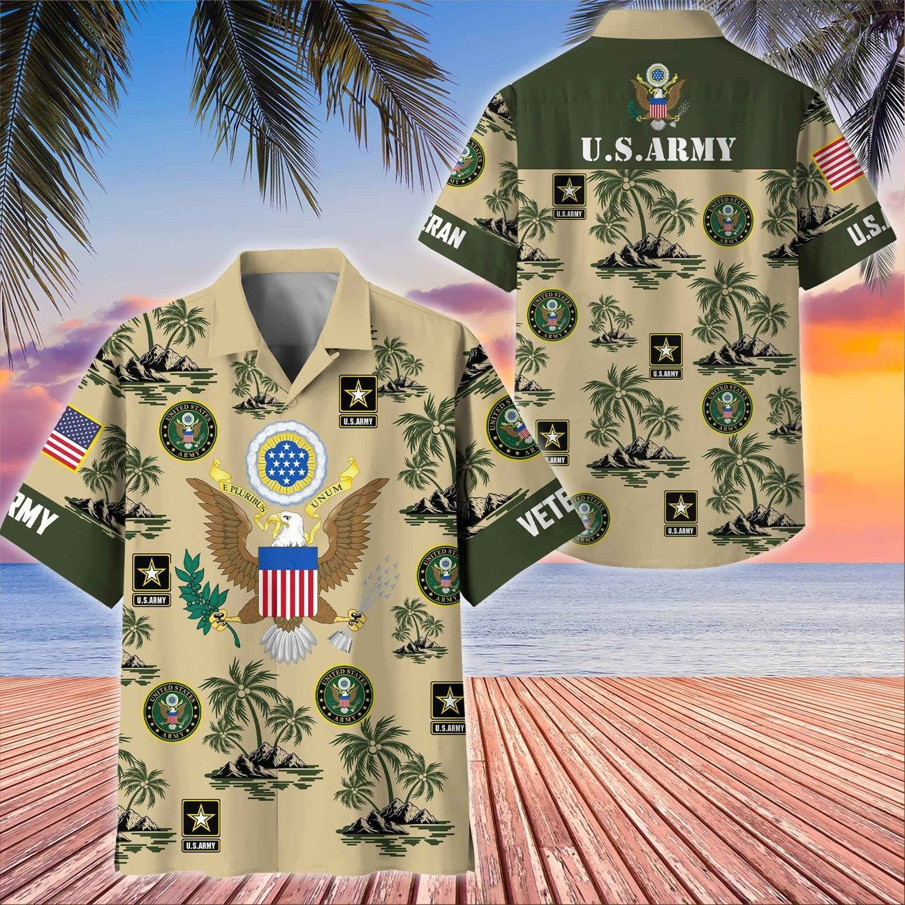 US Army Great Seal Eagle Palm Tree Island Military Hawaiian Shirt Summer Gift for Army Mens on Veterans Day