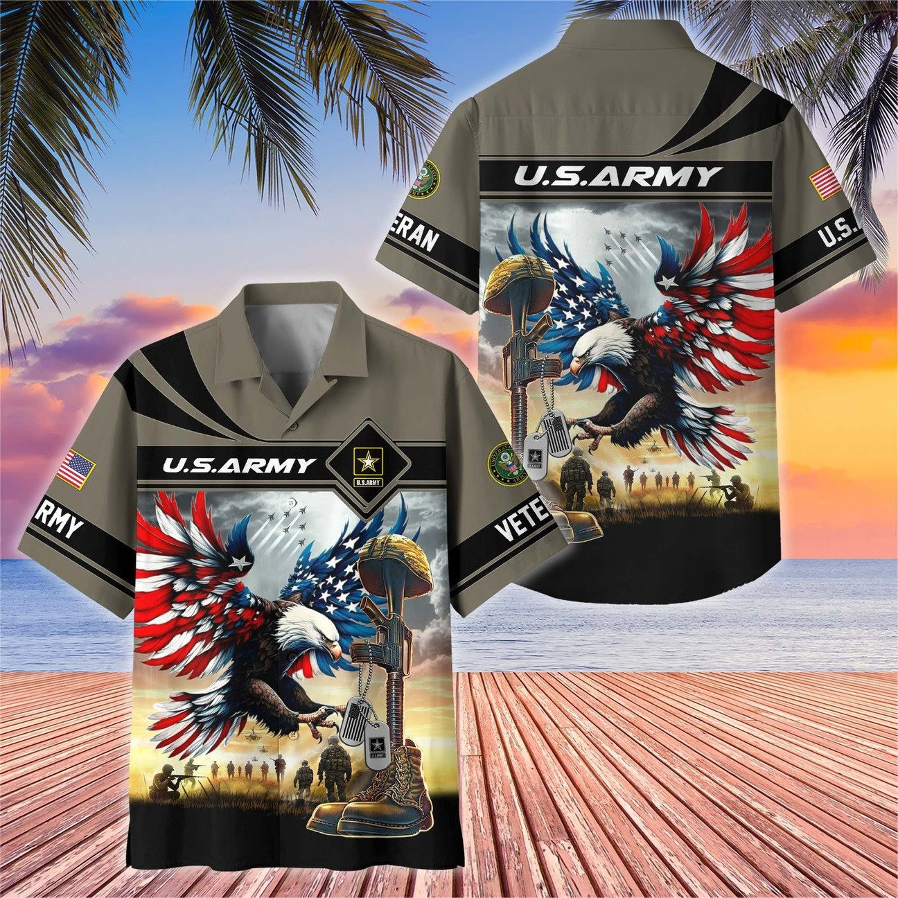 US Army Hawaiian American Eagle Flag Shirt Veteran Patriotic Gift for Mens on Veterans Day