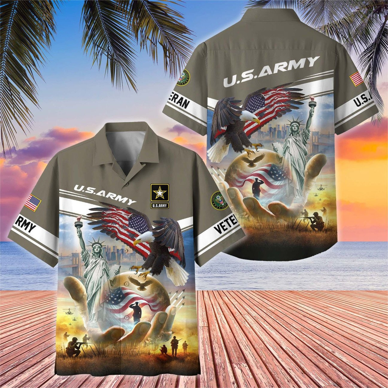 US Army Hawaiian American Eagle Liberty Statue Flag Shirt Patriotic Military Gift for Mens on Veterans Day