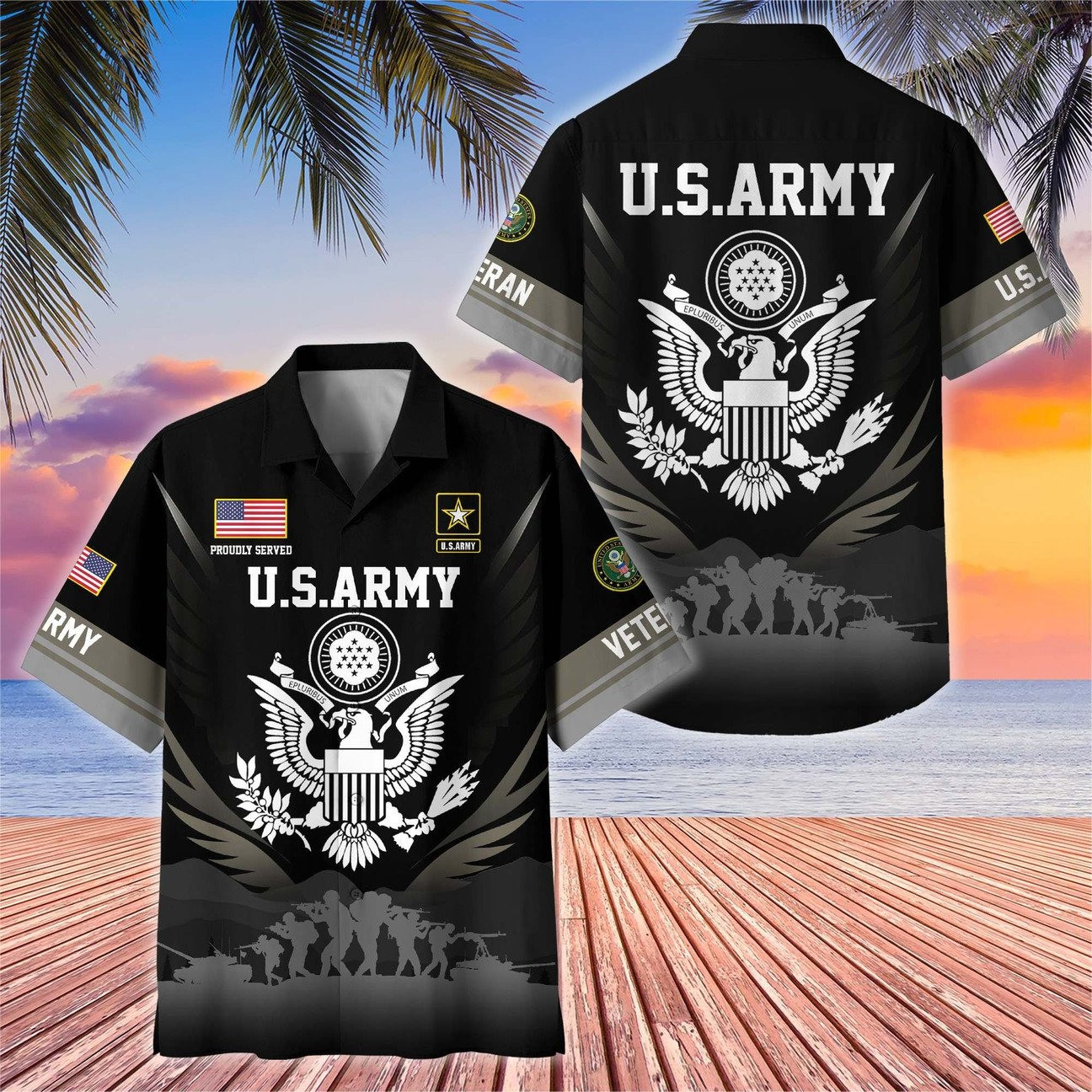 US Army Hawaiian Veteran Black Military Eagle Emblem Shirt Soldier Gift for Army Mens on Veterans Day