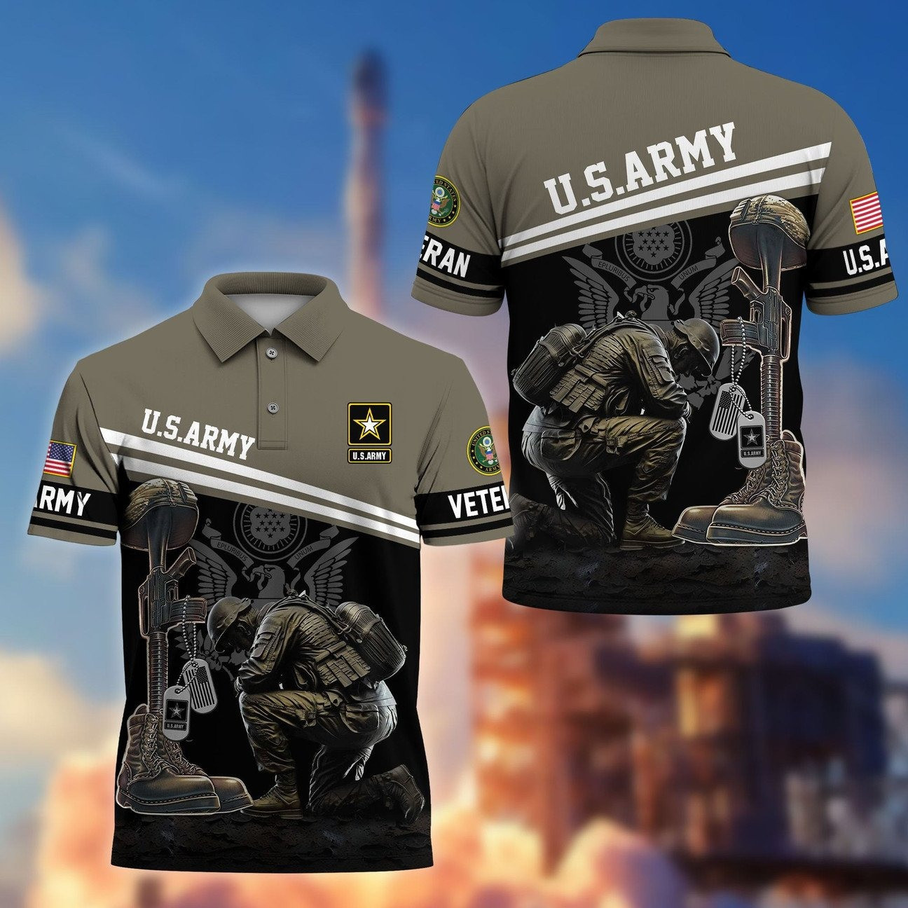 US Army Kneeling Soldier US Army Polo Shirt - Honor Veterans on Memorial Veterans Day