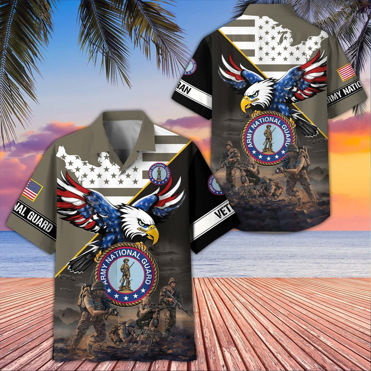 US Army National Guard American Eagle Map Soldiers Battle Scene Hawaiian Shirt Military Gift for Army Mens on Veterans Day