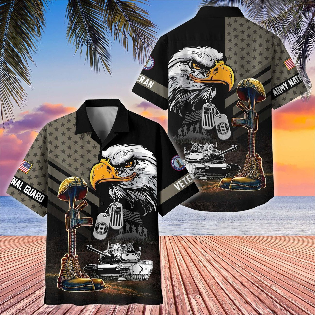 US Army National Guard Bald Eagle Dog Tag Military Tank Boots Helmet Hawaiian Shirt Gift for Army Mens on Veterans Day