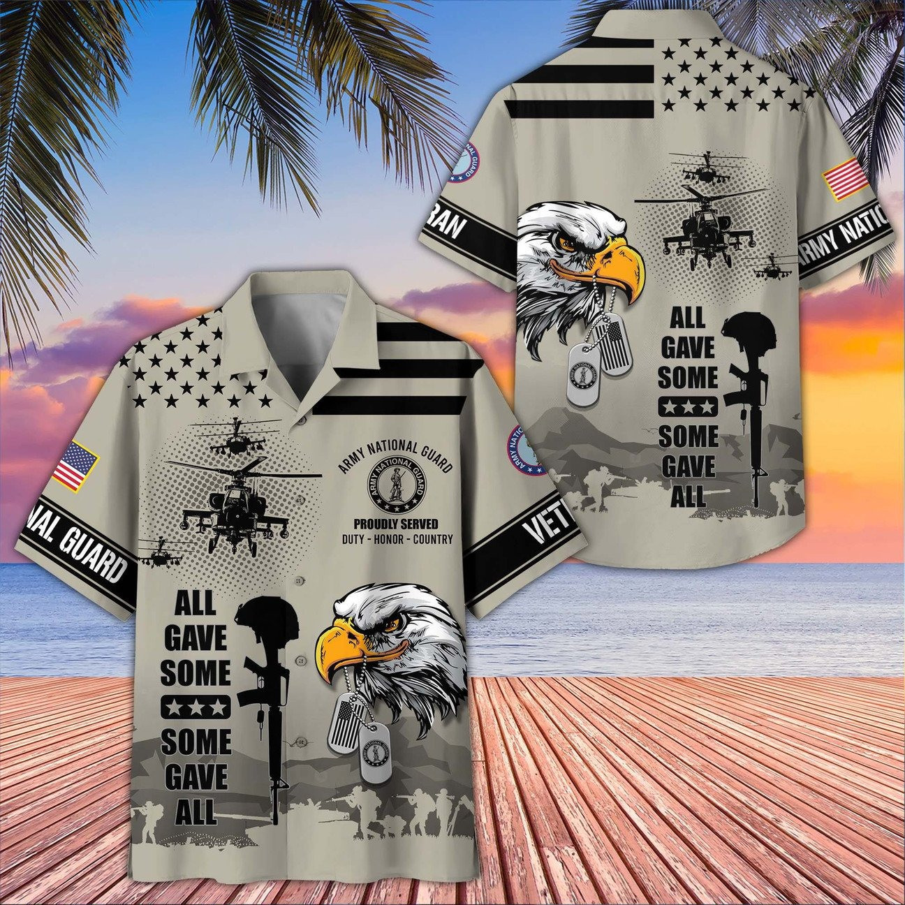 US Army National Guard Bald Eagle With Dog Tag and Military Helicopter Hawaiian Shirt Gift for Army Mens on Veterans Day