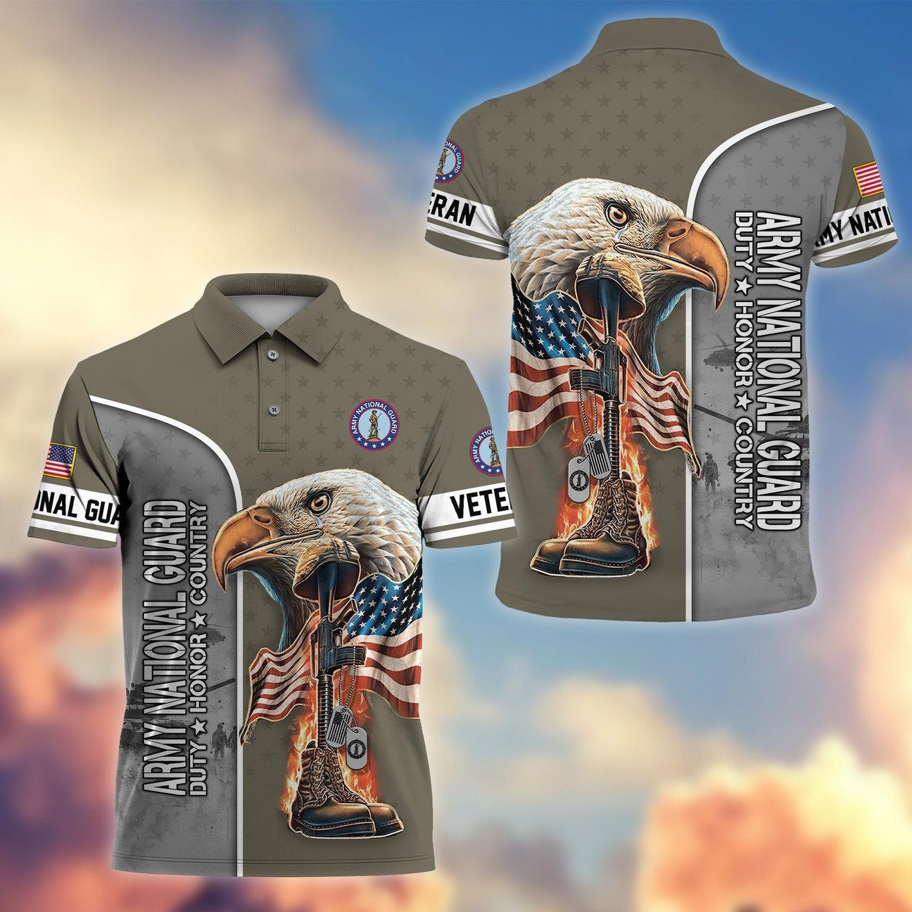 US Army National Guard Eagle Polo Shirt Honor'Country Military Gift for Dad and Husband on Veterans Day