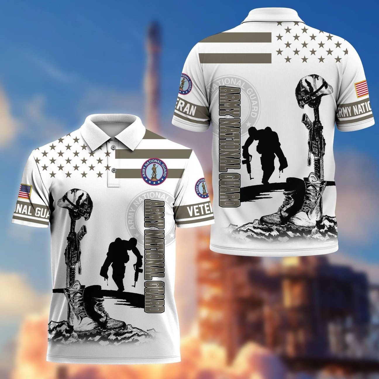 US Army National Guard Fallen Soldier Polo Shirt Veteran Memorial Tribute Gift for Dad and Husband on Veteran Day