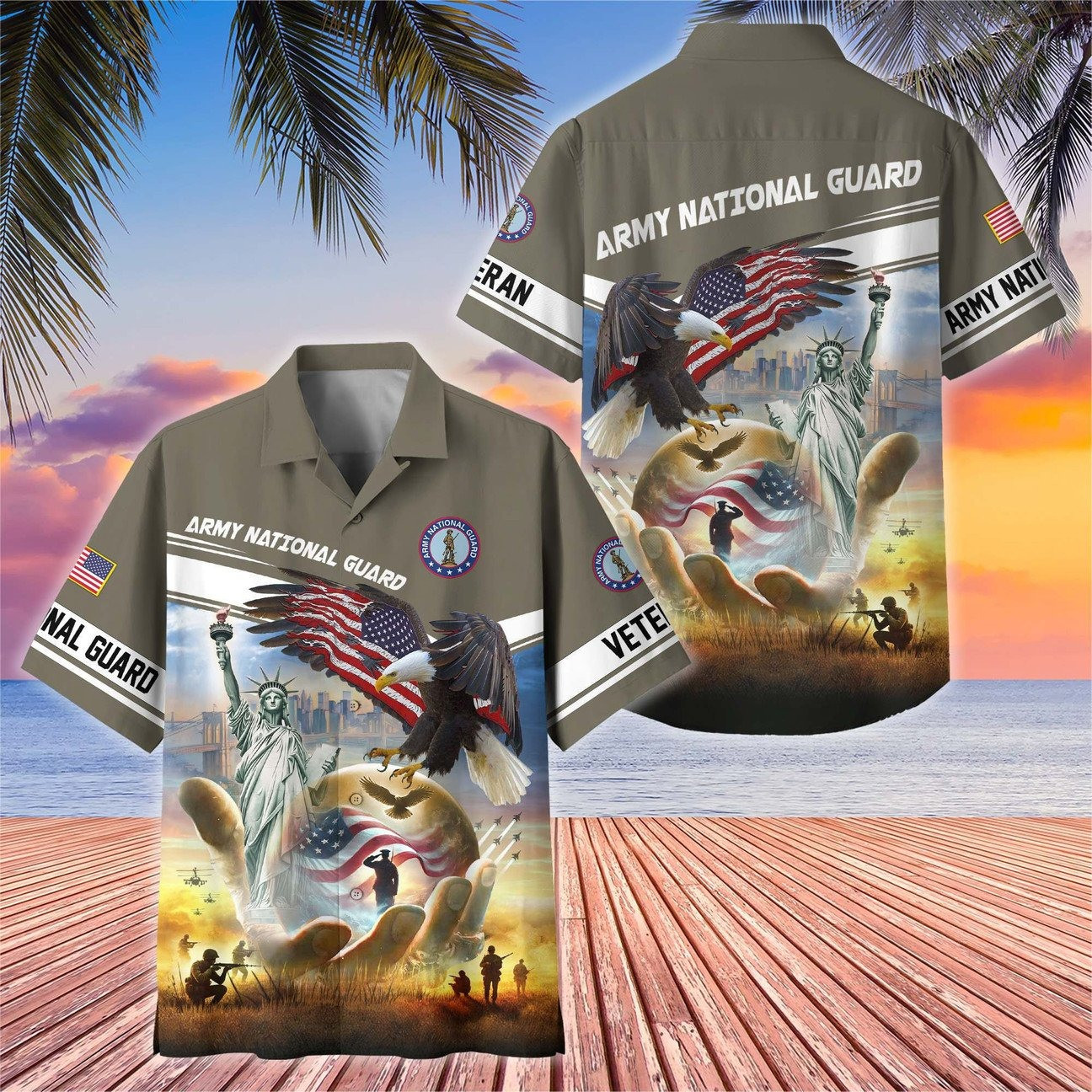 US Army National Guard Hawaiian American Eagle Liberty Statue Flag Shirt Patriotic Military Gift for Mens on Veterans Day