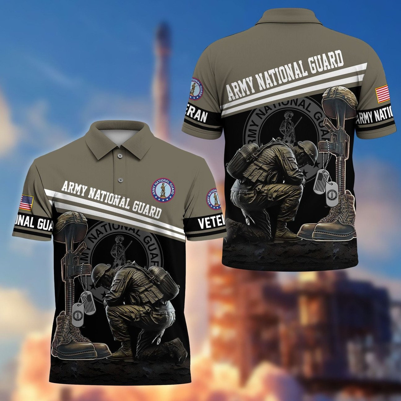 US Army National Guard Kneeling Soldier US Army Polo Shirt - Honor Veterans on Memorial Veterans Day