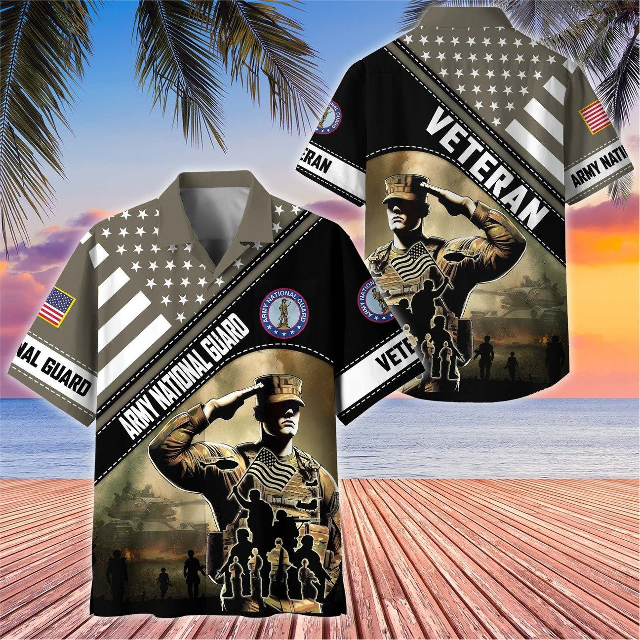 US Army National Guard Soldier Salute Flag Military Tank Patriotic Hawaiian Shirt Gift for Army Mens on Veterans Day