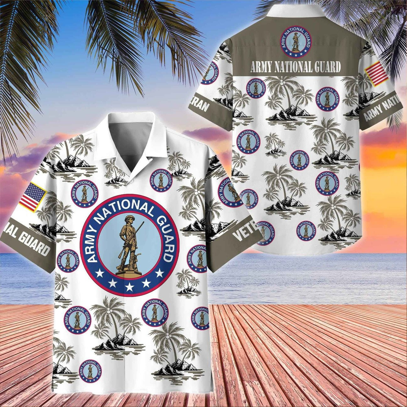 US Army National Guard Veteran Palm Tree Tropical Island Hawaiian Shirt Gift for Army Mens on Veterans Day