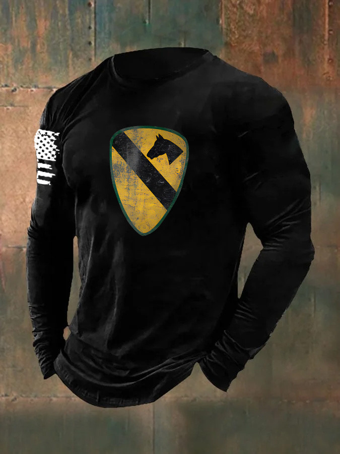 US Army Veteran 1st Cavalry Long Sleeve Shirt American Flag Pattern Veteran Merch Gift For Military