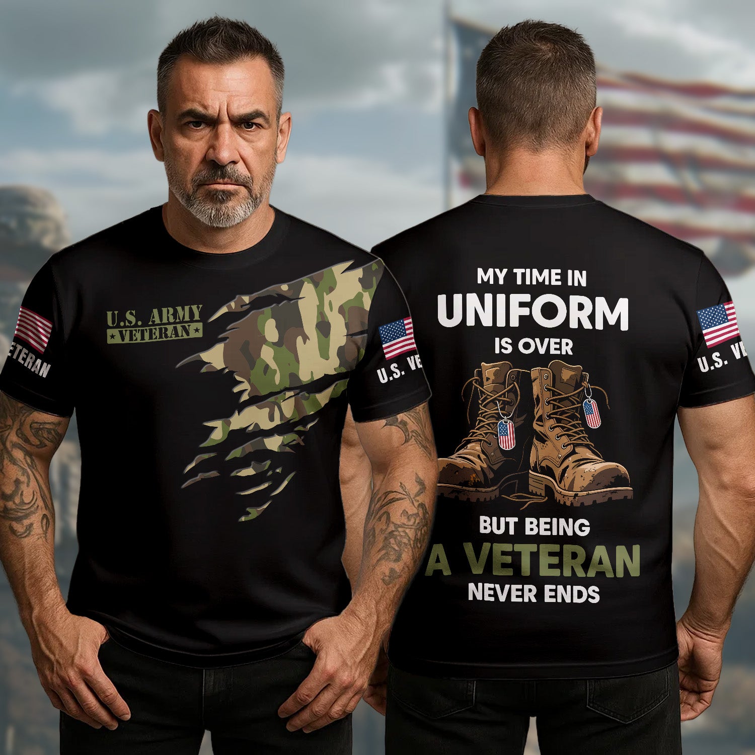 US Army Veteran T-Shirt My Time In Uniform Is Over But Being A Veteran Never Ends Veteran Gifts