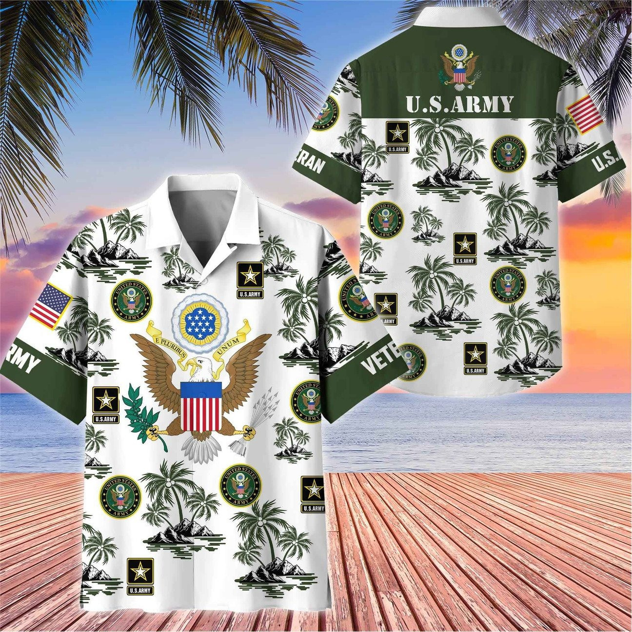 US Army White Great Seal Eagle Palm Tree Tropical Island Hawaiian Shirt Gift for Army Mens on Veterans Day