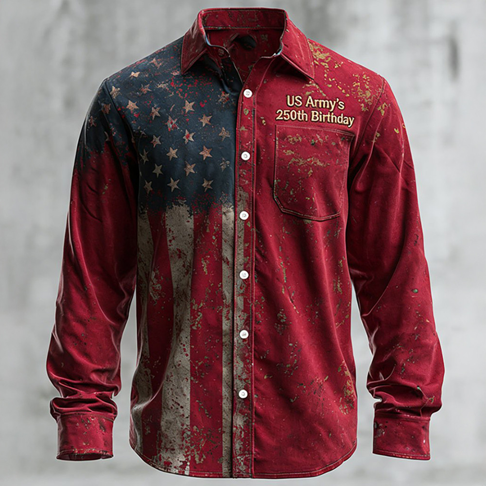 US Army's 250Th Birthday Button Up Long Sleeve Shirt American Flag Apparel Gift Ideas For Men