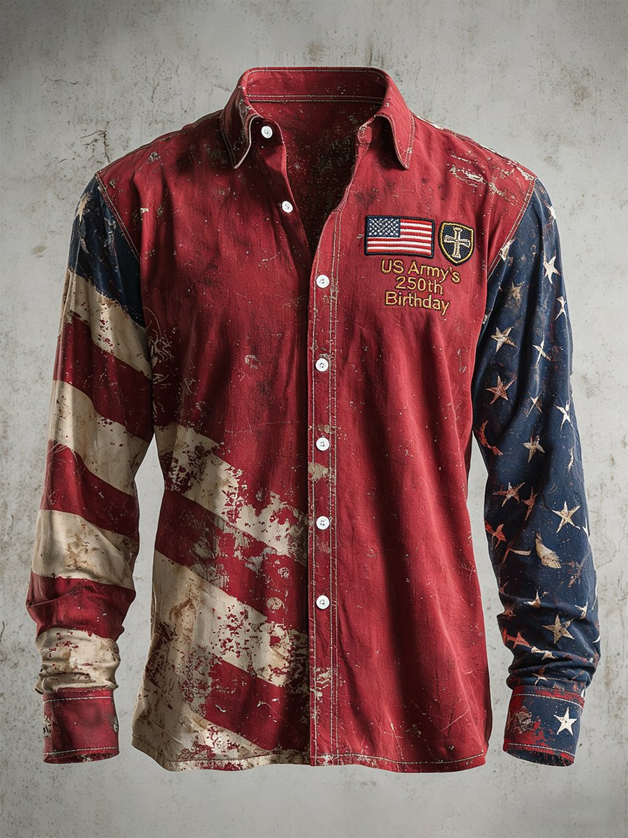 US Army's 250th Birthday Retro Button Up Long Sleeve Shirt American Flag Merch Military Gifts