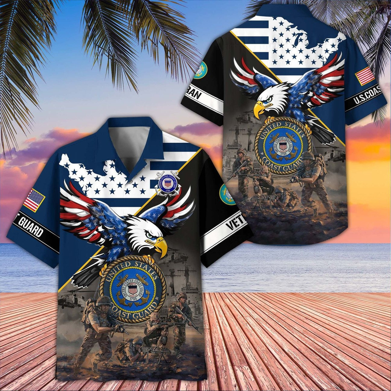 US Coast Guard American Eagle Map Soldiers Battle Scene Hawaiian Shirt Military Gift for Army Mens on Veterans Day