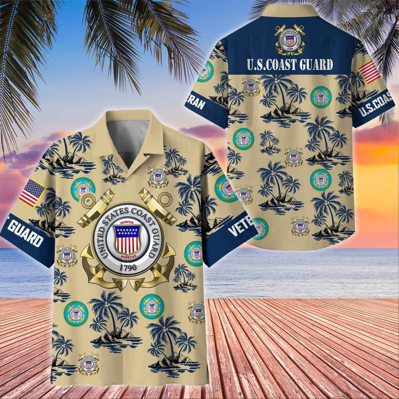US Coast Guard Great Seal Eagle Palm Tree Island Military Hawaiian Shirt Summer Gift for Army Mens on Veterans Day