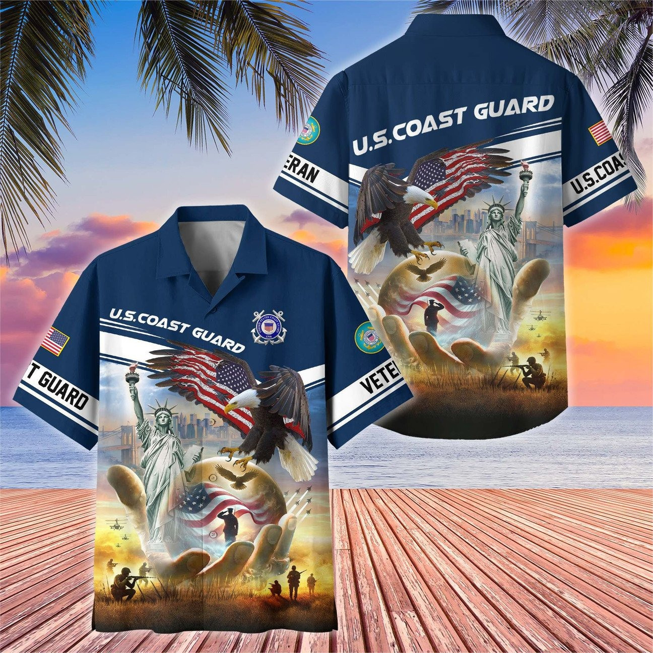 US Coast Guard Hawaiian American Eagle Liberty Statue Flag Shirt Patriotic Military Gift for Mens on Veterans Day