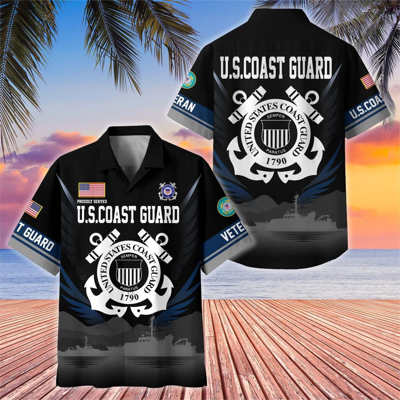 US Coast Guard Hawaiian Veteran Black Military Eagle Emblem Shirt Soldier Gift for Army Mens on Veterans Day