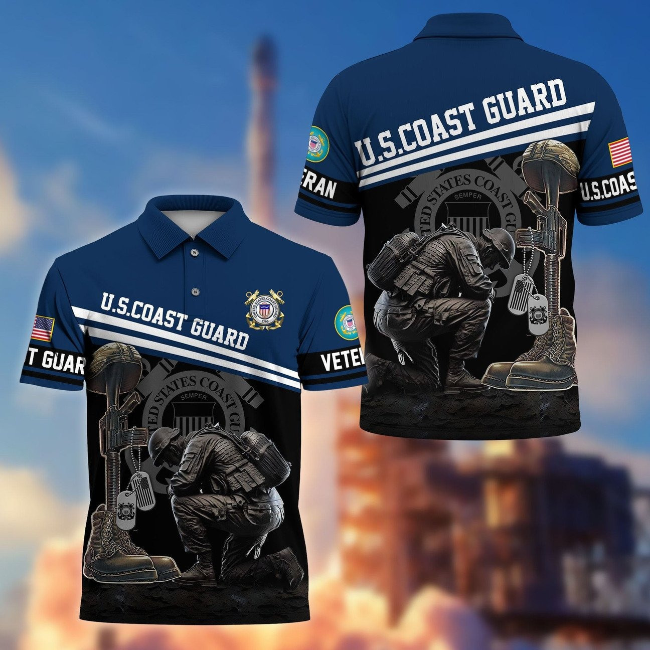 US Coast Guard Kneeling Soldier US Army Polo Shirt - Honor Veterans on Memorial Veterans Day