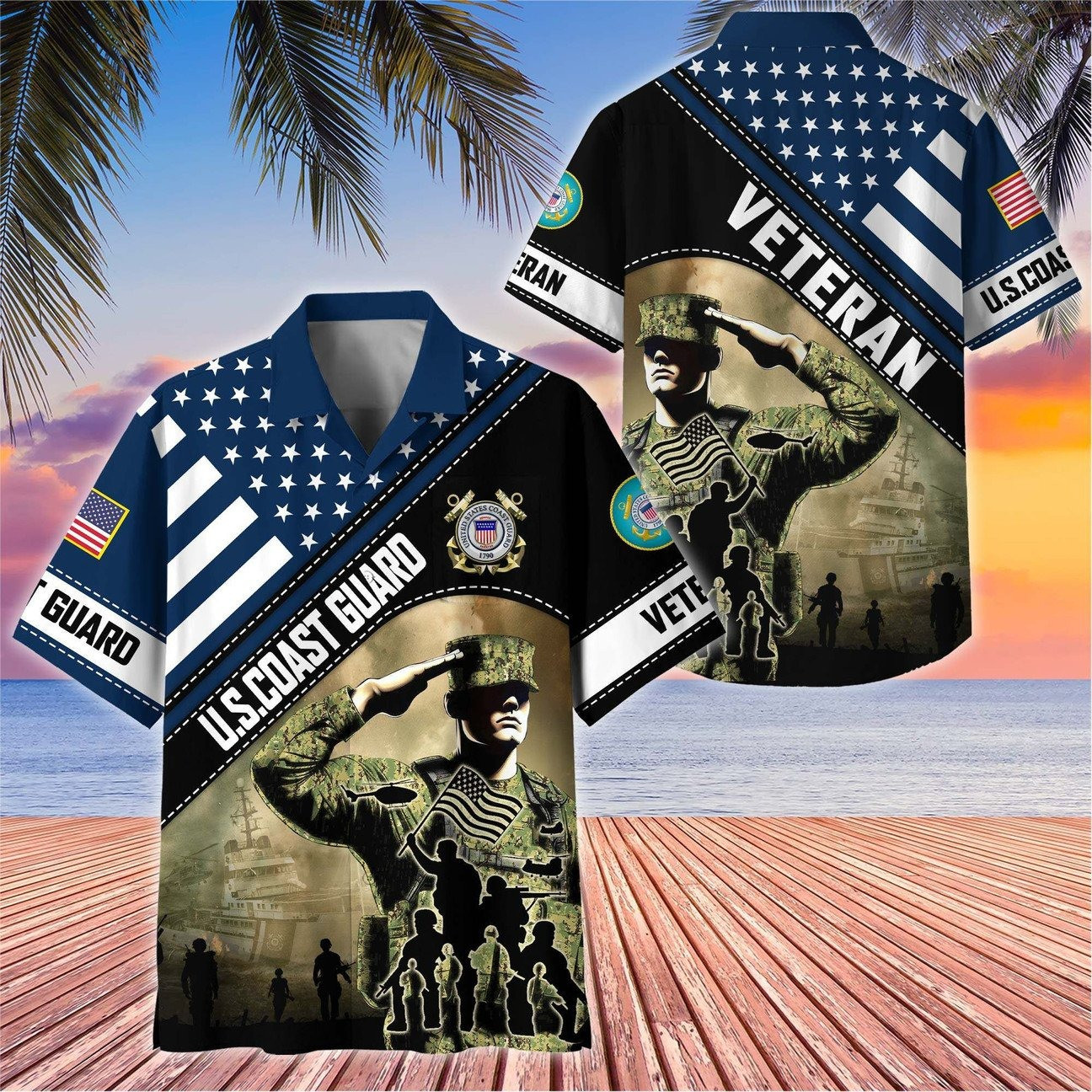 US Coast Guard Soldier Salute Flag Military Tank Patriotic Hawaiian Shirt Gift for Army Mens on Veterans Day