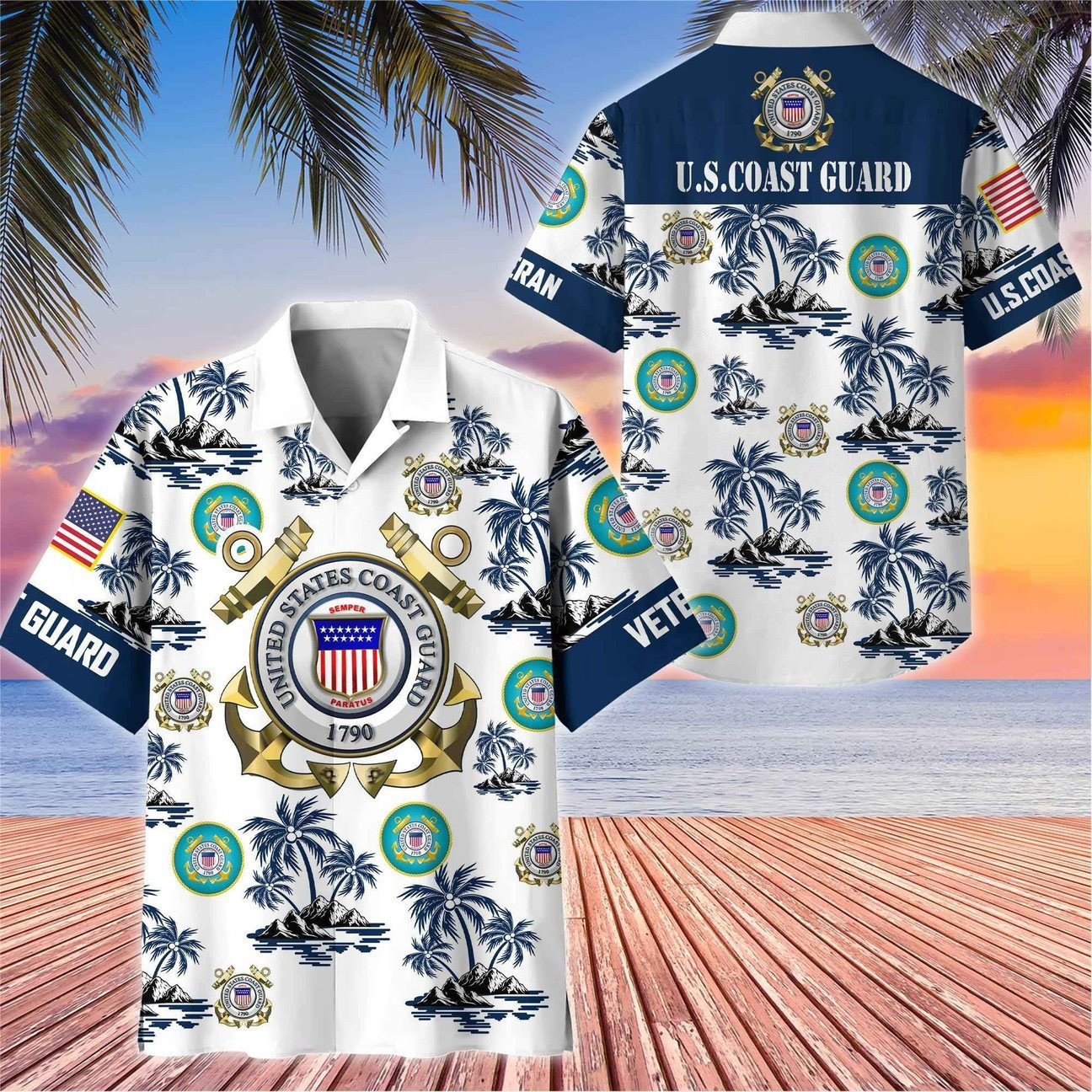 US Coast Guard White Great Seal Eagle Palm Tree Tropical Island Hawaiian Shirt Gift for Army Mens on Veterans Day