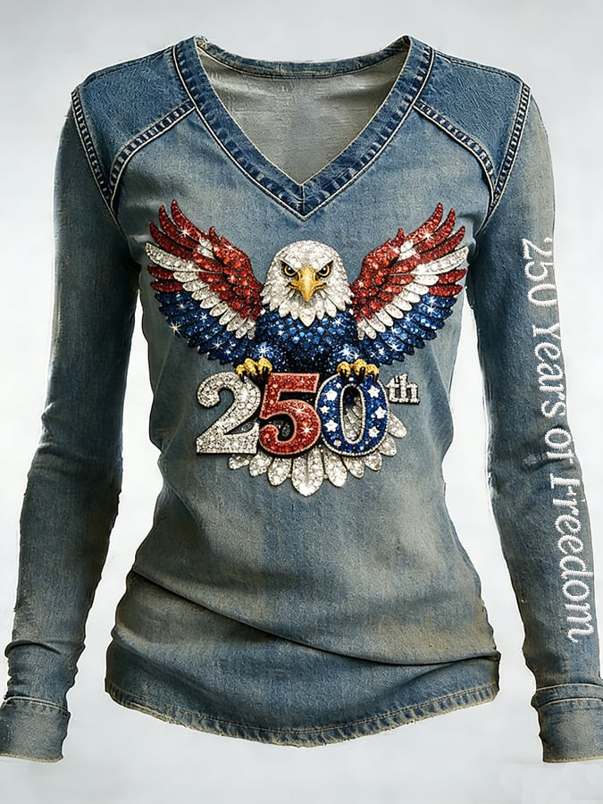 US Eagle 250 Years Of Freedom Long Sleeve V-Neck T-Shirt USA 250Th Anniversary Apparel Women's
