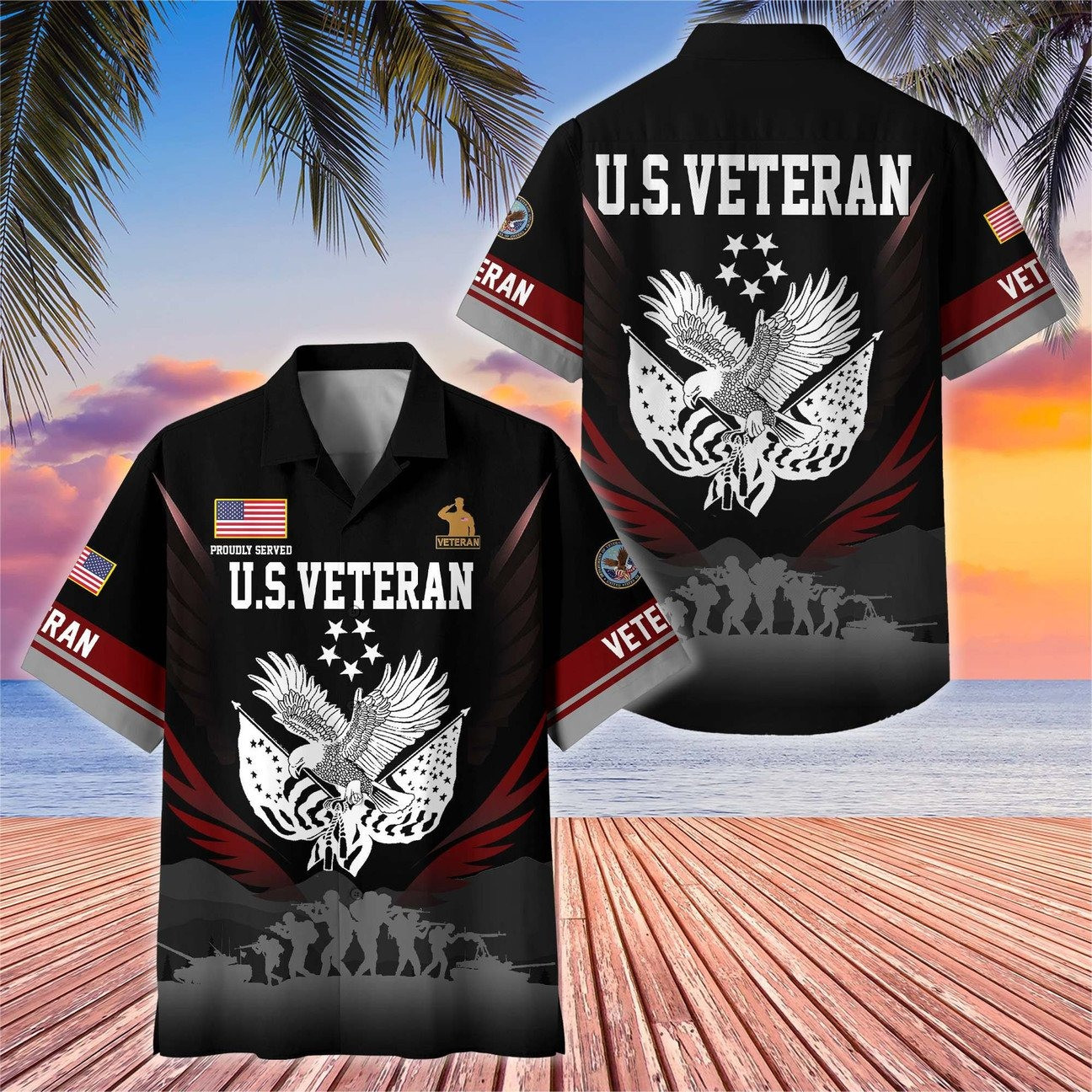 US Hawaiian Veteran Black Military Eagle Emblem Shirt Soldier Gift for Army Mens on Veterans Day