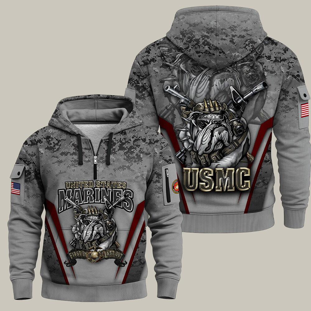 Us Marine 250th Years Of Service Allover Quater Devil Dog USMC 250Th Anniversary Quarter Zip Hoodie Marine Corps Apparel USMC Veteran GiftZip Hoodie