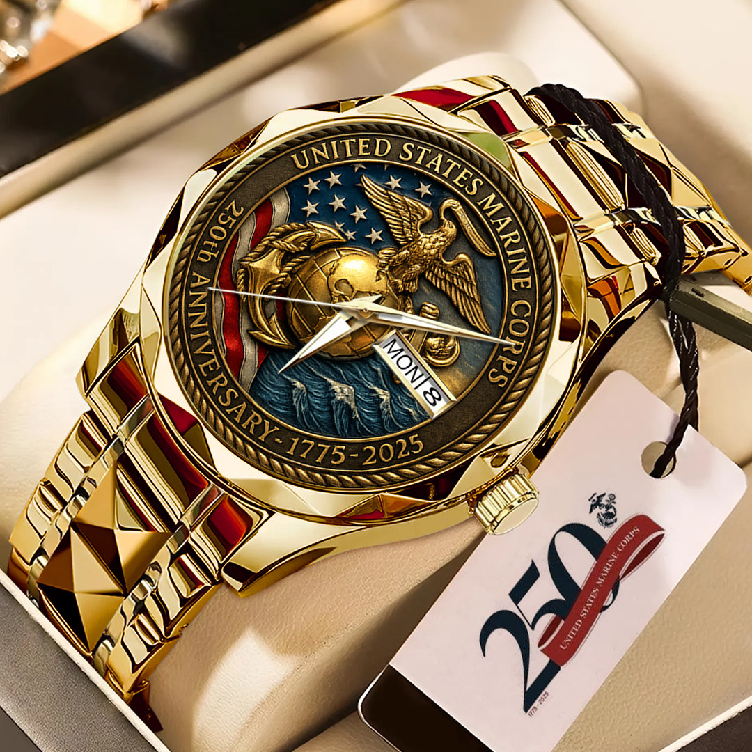 US Marine Corps 250th Anniversary 2025 Watch American Flag Design Gifts For Patriotic Men