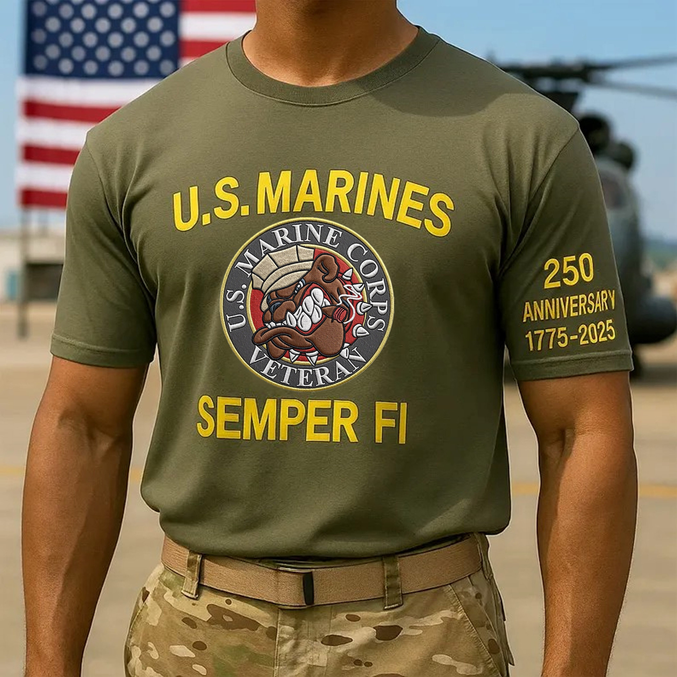 US Marine Corps Semper Fi 250th Birthday Devil Dog T-Shirt Green Marine Corps Shirts