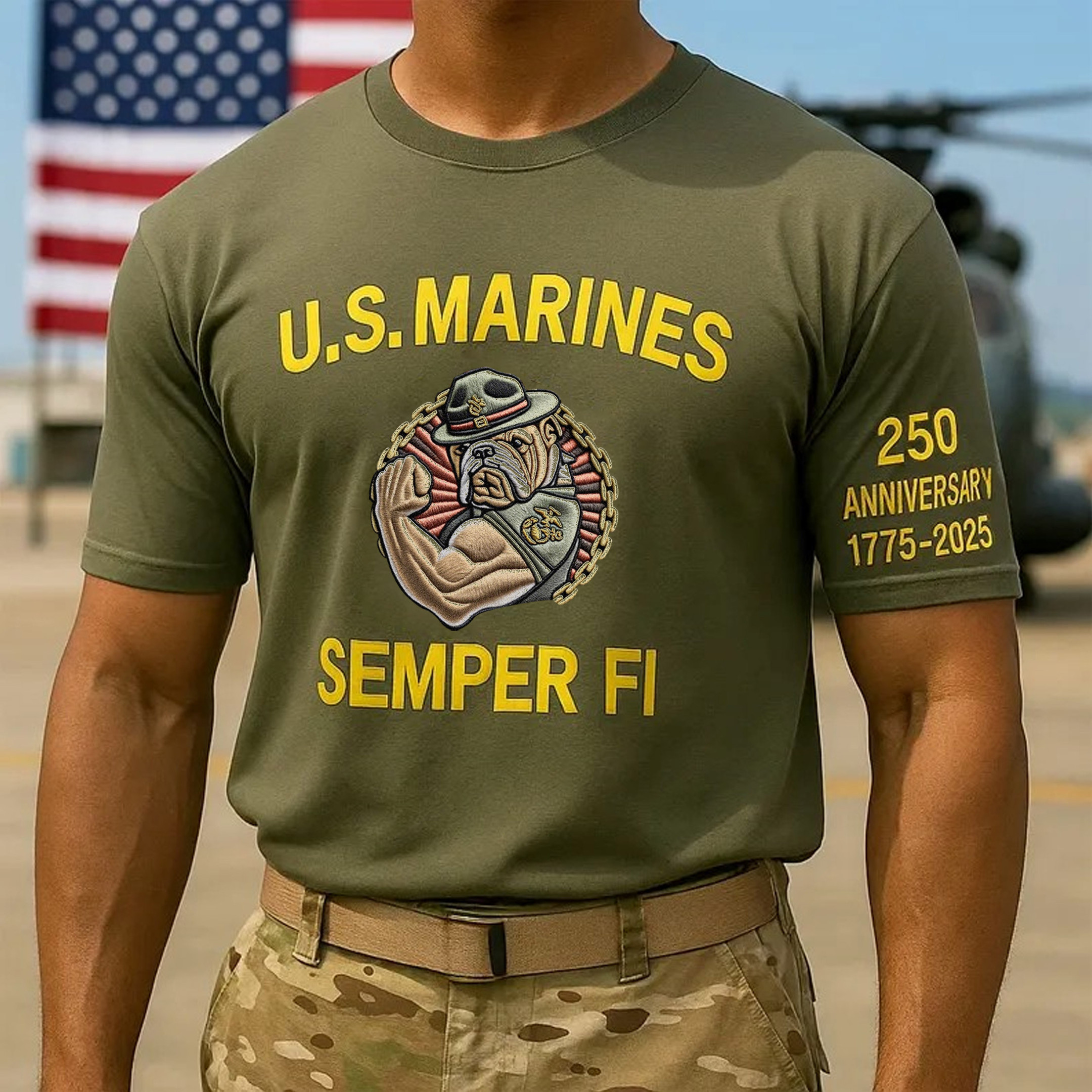 US Marine Corps Semper Fi 250th Birthday Muscle Devil Dog T-Shirt Green USMC Apparel