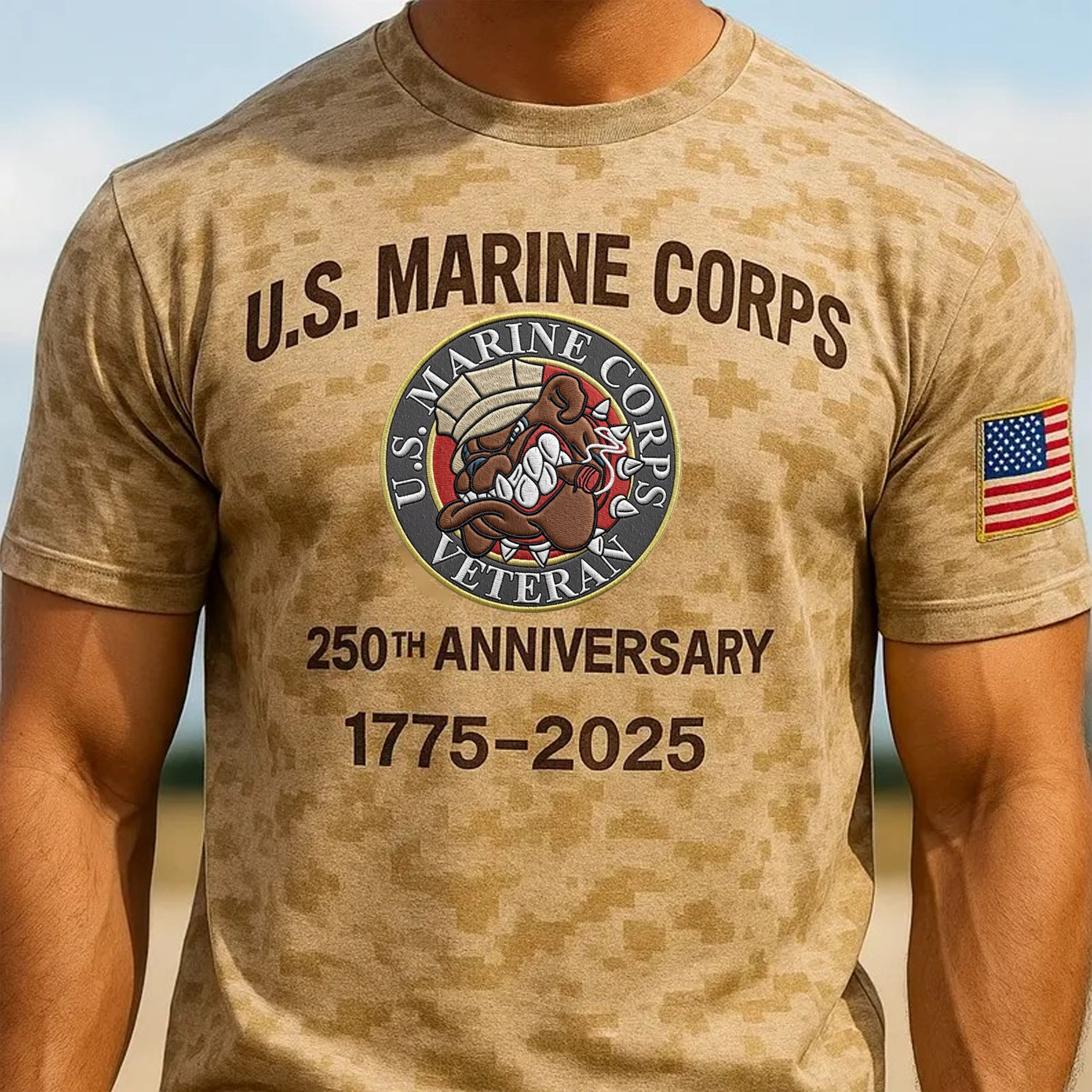 US Marine Corps Veteran 250th Anniversary Desert Camouflage Retro Devil Dog Shirt USMC Apparel