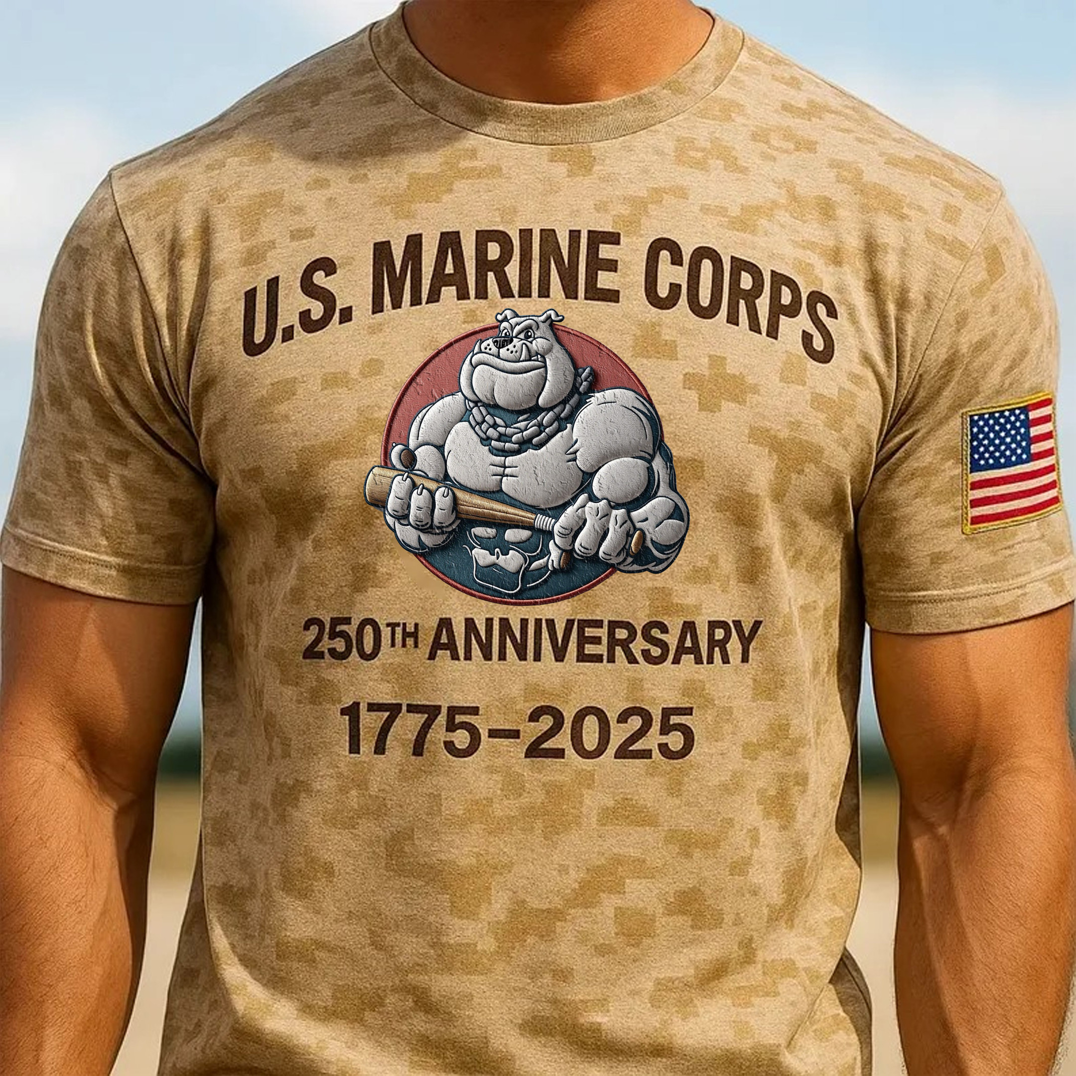 US Marine Corps Veteran 250th Birthday Desert Camo Retro Baseball Bat Devil Dog Shirt USMC Gift