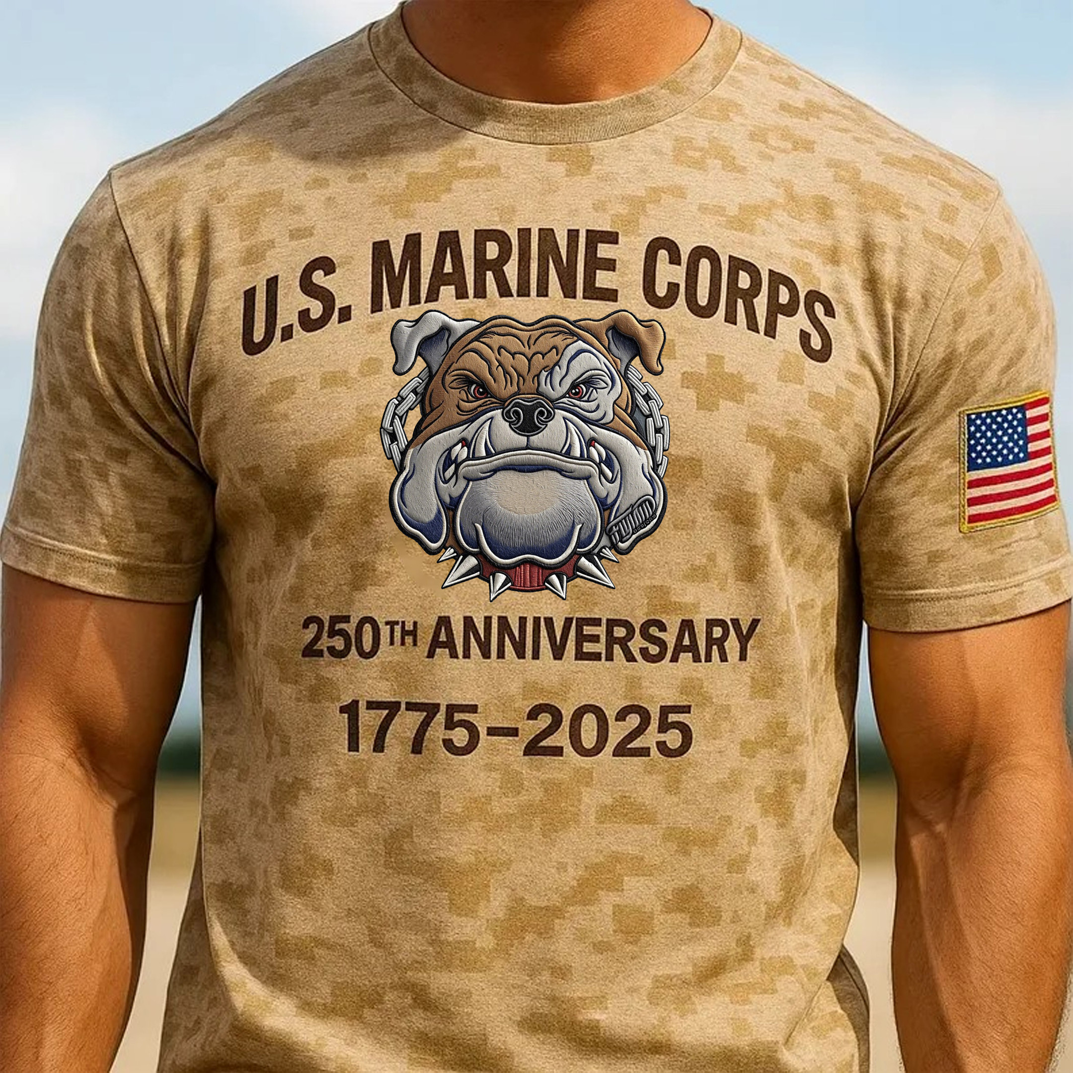 US Marine Corps Veteran 250th Birthday Desert Camo Retro Devil Dog Shirt Marines Gifts
