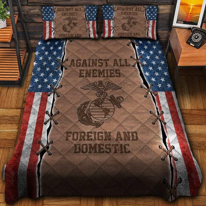 US Marine Corps Veteran Quilted Bedding Set Duvet Cover Bedspread Against All Enemies Gifts Ideas