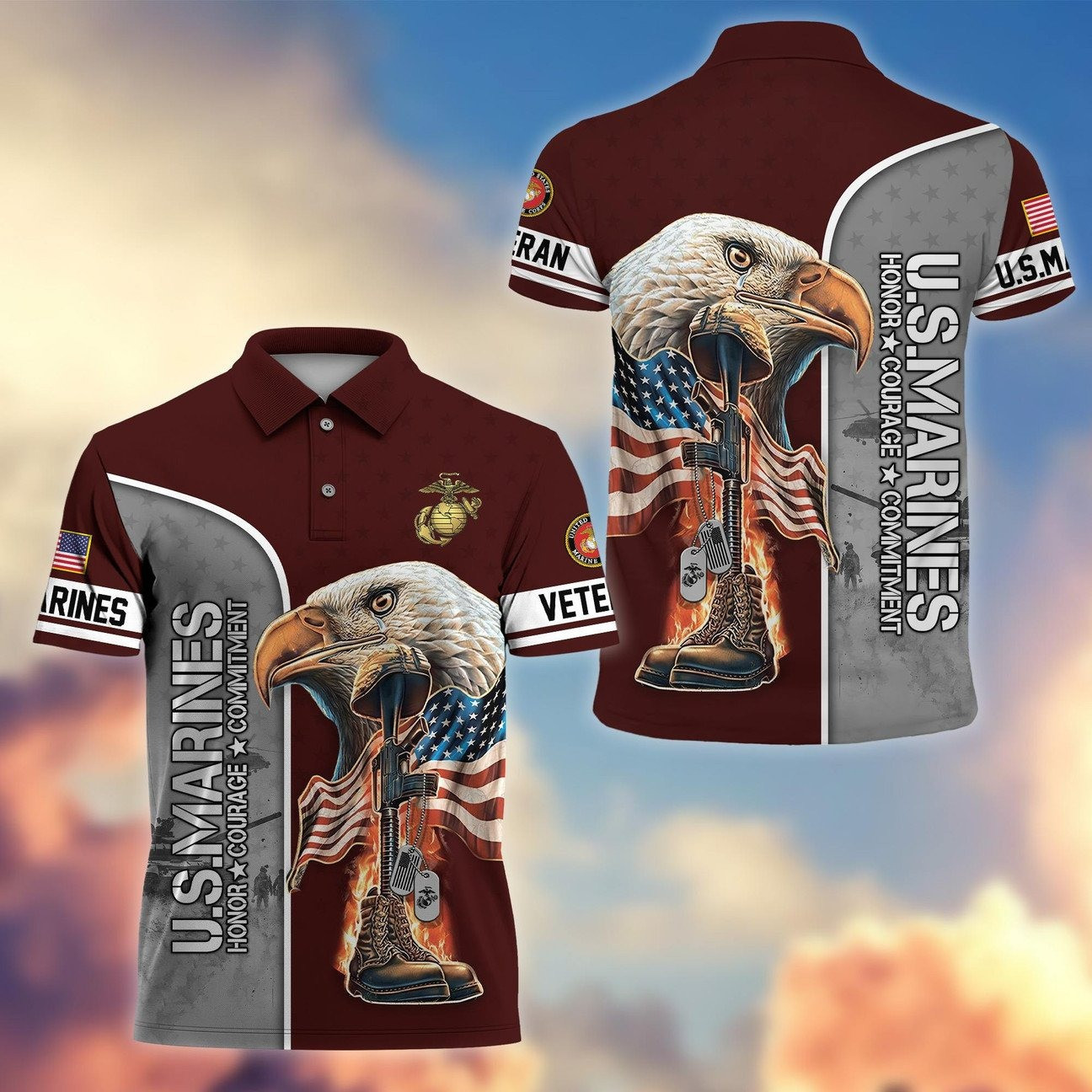 US Marine Eagle Polo Shirt Honor'Country Military Gift for Dad and Husband on Veterans Day