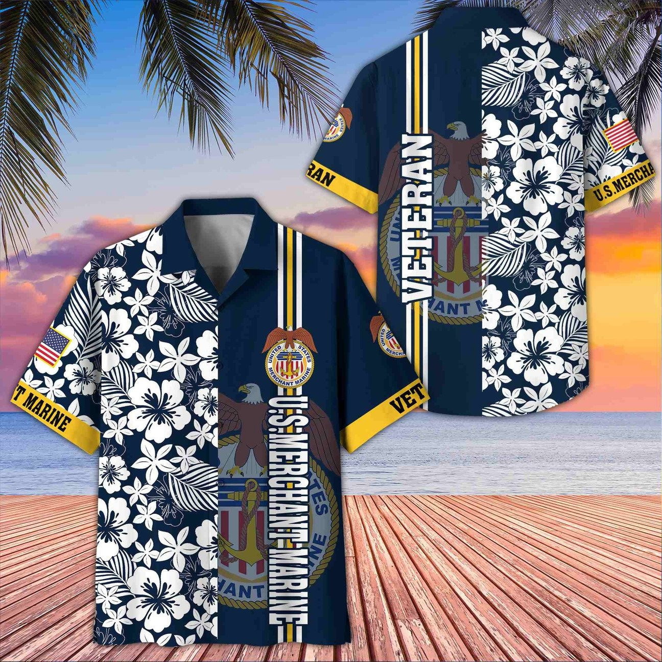US Marine Veteran Navy Eagle Seal Hibiscus Floral Tropical Hawaiian Shirt Gift for Army Mens on Veterans Day