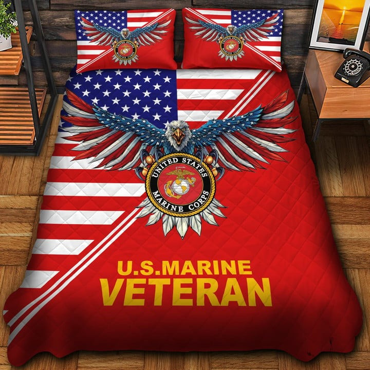 US Marine Veteran Quilted Bedding Set Duvet Cover Bedspread Bedroom Decor Gifts For Veterans