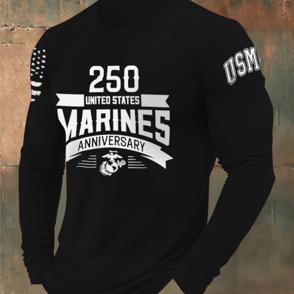 US Marines 250th Anniversary Black Long Sleeve Shirt American Flag Patriotic Merch Usmc Present