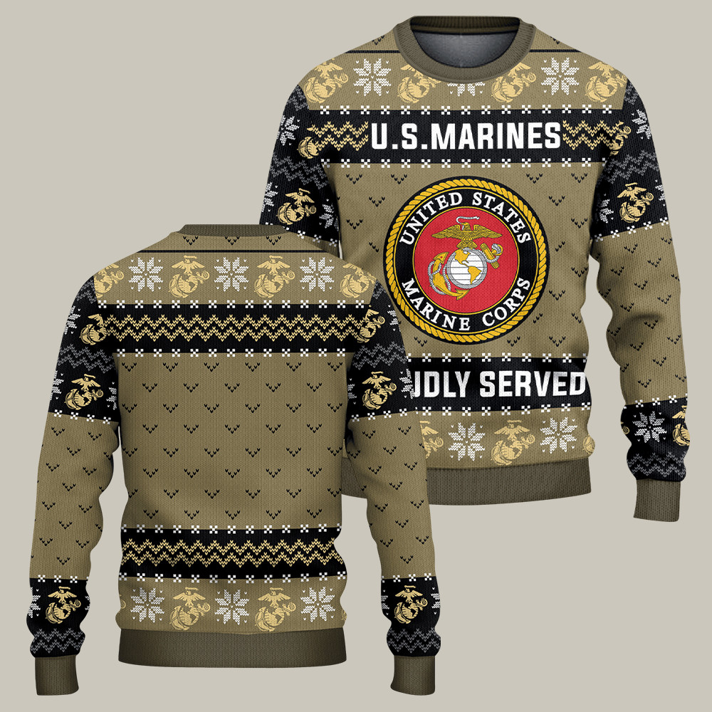 US Marines 250th Anniversary Christmas Ugly Sweater Proudly Served Usmc Apparel Gifts