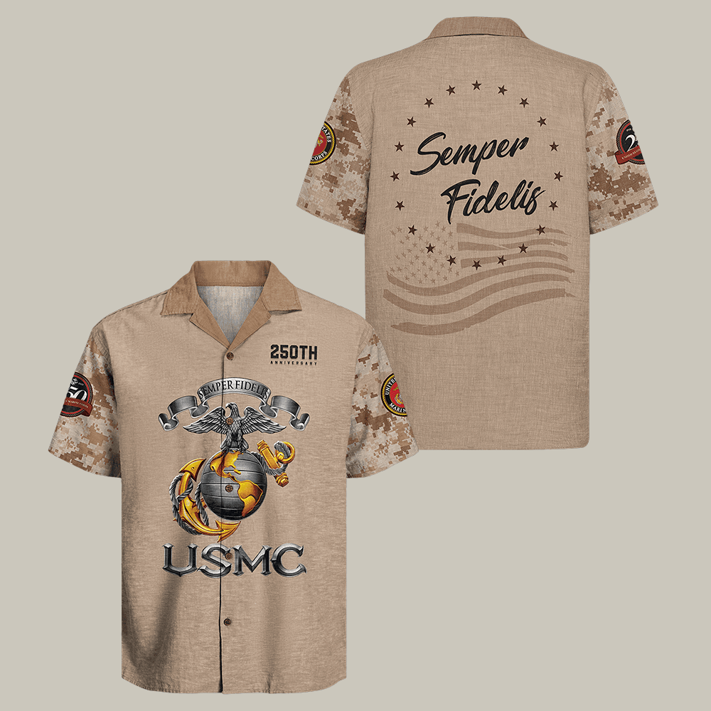 US Marines 250th Anniversary Hawaiian Shirt Semper Fidelis Shirt USMC Gift