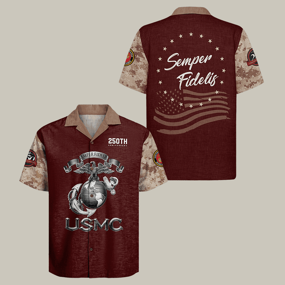US Marines 250th Anniversary Hawaiian Shirt Semper Fidelis USMC Shirt Veteran Gift
